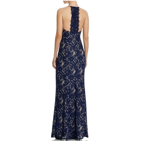NWT Aidan by Aidan Mattox Lace V-Neck Mermaid Evening Dress Gown in Navy/nude - Picture 3 of 10